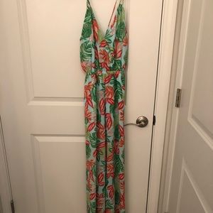 Tropical print halter cross back jumpsuit
